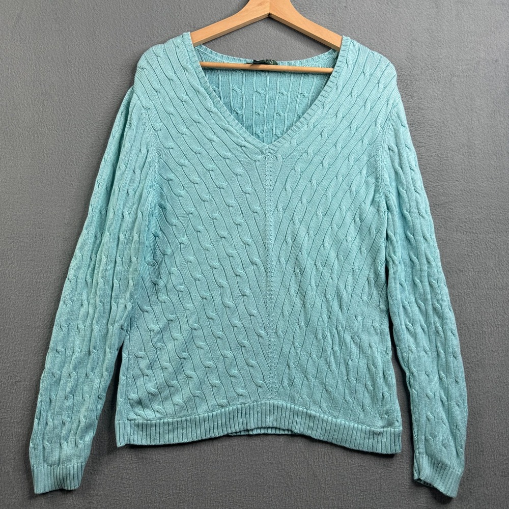 Lauren Ralph Lauren Womens XL Silk‎ Blend Cable Knit V-Neck Sweater Aqua Blue
